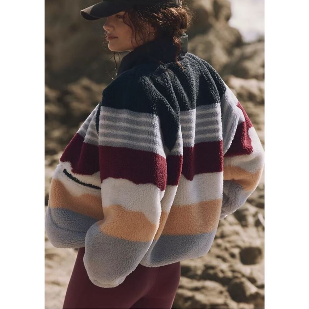 New Free People Hit The Slopes Fleece Jacket Run Stripe Papaya Combo - Picture 3 of 9